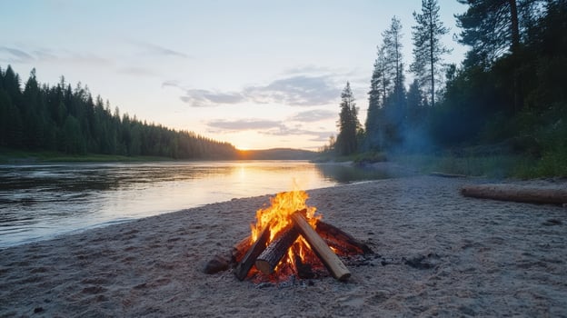 serene campfire beside riverbank with beautiful sunset behind trees creates peaceful atmosphere photo