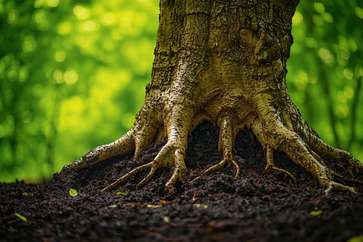 Large tree roots growing in fertile soil in lush forest photo