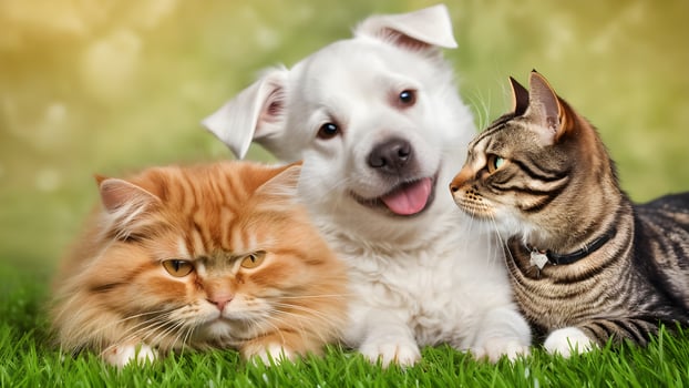 Puppy and Kitten Playing Together on Grass photo