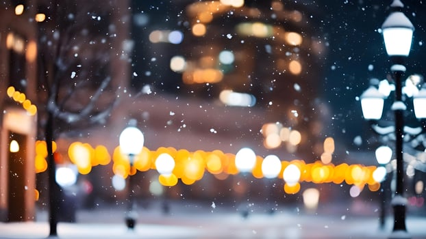 a city street is covered in snow at night photo