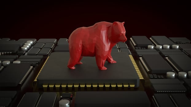 The Red Bear on Mother Board for Business concept 3d Rendering. photo