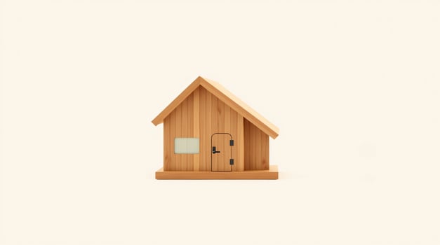 Tiny wooden home model on a plain background, Symbolizing eco living, and Budget homes photo