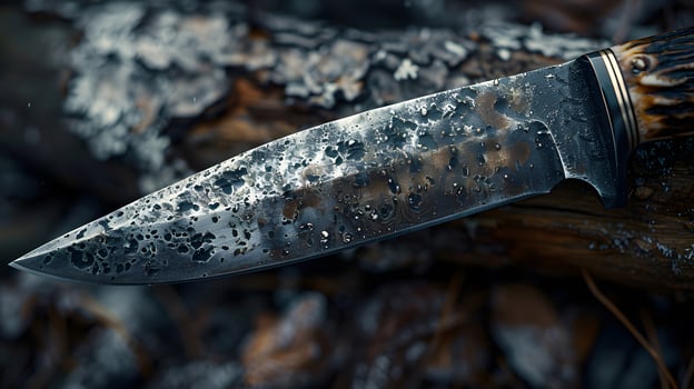 Rustic survival knife on tree bark in moody forest light photo
