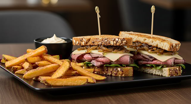 Photorealistic Sandwich Composition with Upscale Dining Vibes photo