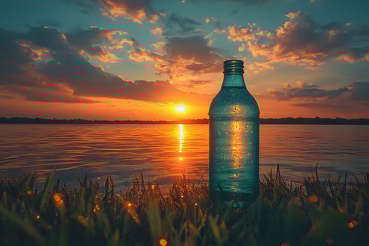 Serene Sunset by the Lake with Water Bottle Against Vibrant Sky photo