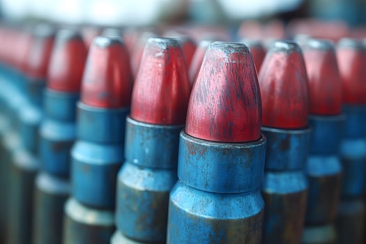 Close-Up of Colorful Bullet Tips with Blue and Red Patina for Military or Industrial Design photo