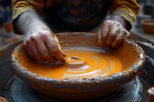 Artisan Pottery Craftsmanship Master Potter Shaping Clay on Wheel photo