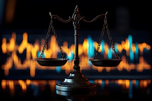 Justice Concept with Bronze Scales Against Financial Chart Background photo