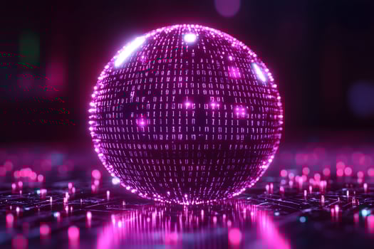 Futuristic Digital Sphere with Binary Code in Neon Pink Cyber Environment photo