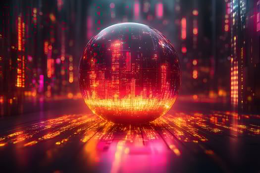 Futuristic Digital Sphere with Glowing Cityscape Reflection for Technology Design photo
