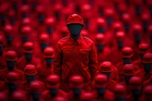 Individuality vs Conformity Highlighted Figure in Uniform Amongst Crowd photo
