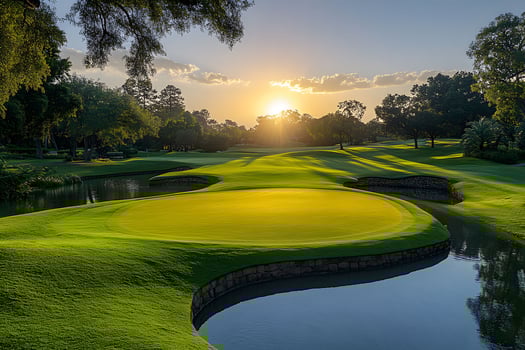 Scenic Golf Course at Sunset with Lush Greens and Tranquil Water Features photo