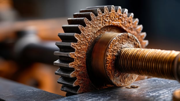 Macro shot of a corroded industrial metal gear and threaded shaft with detailed rust texture photo