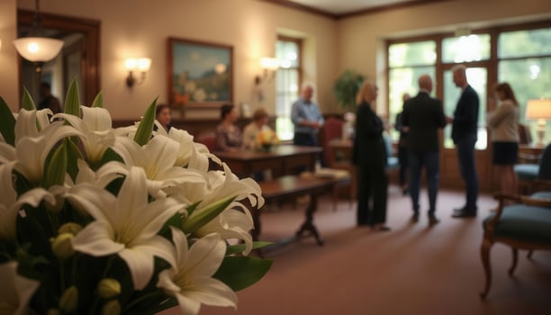 A vase of white lilies in a room with people photo