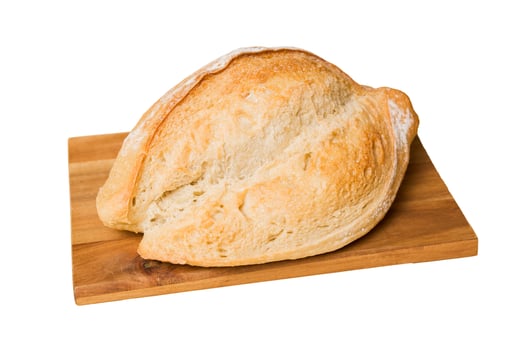 Freshly baked bread cutting board isolated on white background . perspective view bread photo