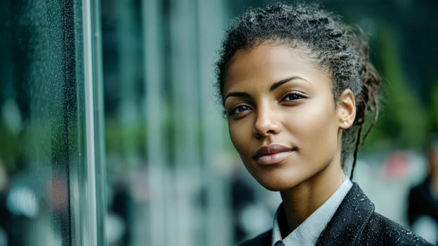 Black business woman in black suit, shirt and black hair walking to meeting on city street photo