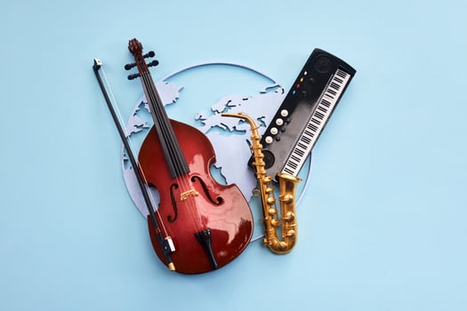 Jazz day. Musical Instruments on Blue. Musical World photo