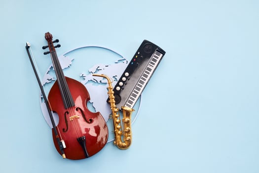 Jazz day. Musical Instruments on Blue photo