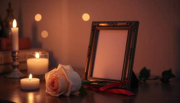 A picture frame with a rose and candles on a table photo