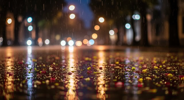 Urban Reflections A Rainy Night Scene with Flower Petals and City Lights photo