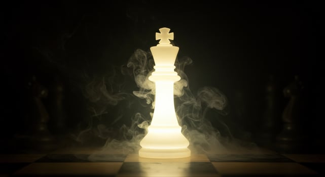 Illuminated Chess King Piece on Chessboard with Mystical Smoke Effect photo