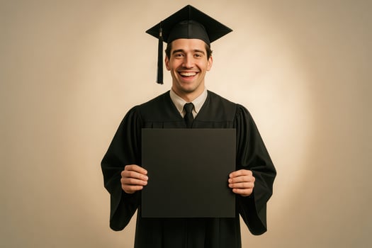 Celebrating graduation man smiling graduate in cap and gown holding blank diploma photo