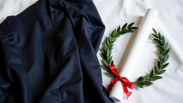 Graduation ceremony essentials rolled diploma, laurel wreath, and academic gown on white surface photo