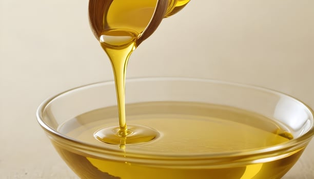 Pouring Golden Oil Into a Clear Glass Bowl for Cooking photo