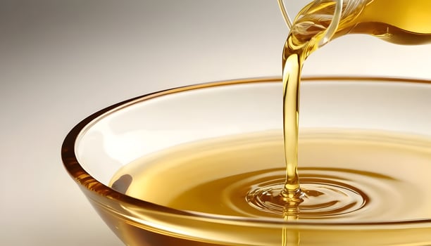 Pouring Golden Cooking Oil Into Glass Bowl for Food Preparation photo