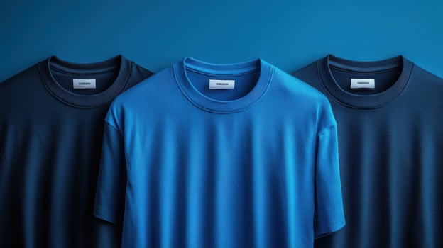 Collection of casual t-shirts in various shades of blue displayed against a solid blue background photo