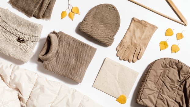 Autumn warm clothing beige color, folded knitted wear, hat, scarf, gloves, sweater, female fashion autumnal outerwear photo