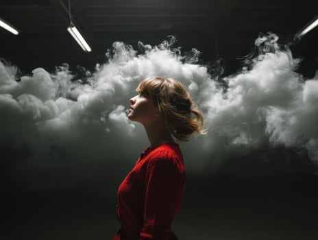 Contemplative woman amidst smoke studio environment portrait photography artistic concept photo