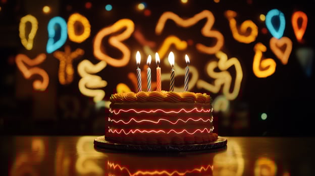 A birthday cake with lit candles on it photo. photo