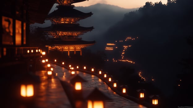 A pagoda lit up at night with a mountain in the background photo