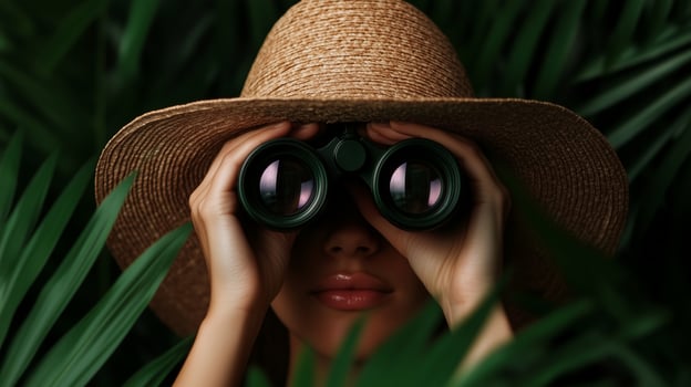 Woman in a hat looking through binoculars hidden in lush foliage photo
