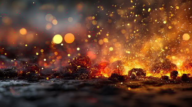 Close up of burning coals with sparks and bokeh lights creating a warm and fiery atmosphere photo