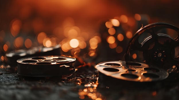 Close up of film reels with bokeh lights creating a vintage cinematic atmosphere and feeling of nostalgia photo