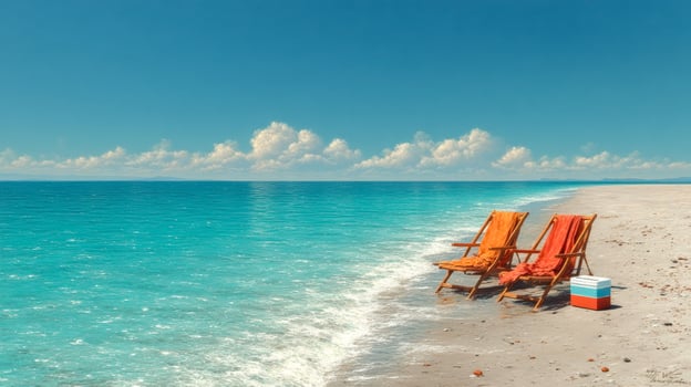 Two sun loungers stand on an empty beach on the seashore on a hot sunny day photo