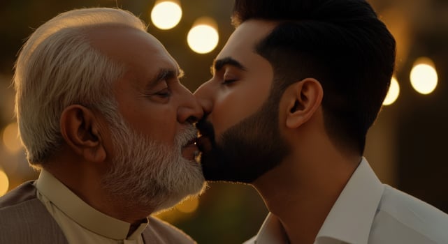 Heartwarming moment between elderly and young south asian males under festive lights photo