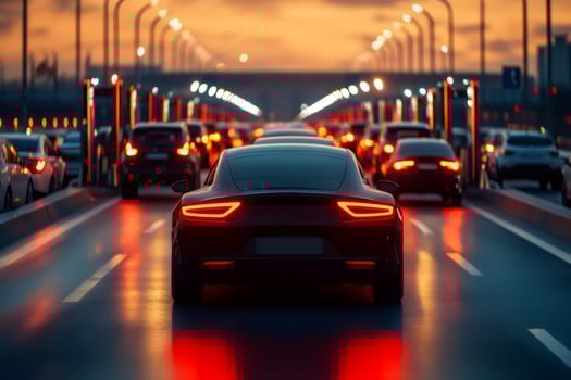 Rear view of black sports car stuck in traffic jam at dusk photo
