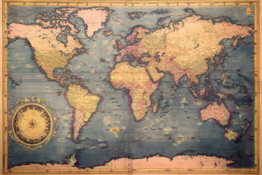 Vintage world map showing countries, continents and oceans photo