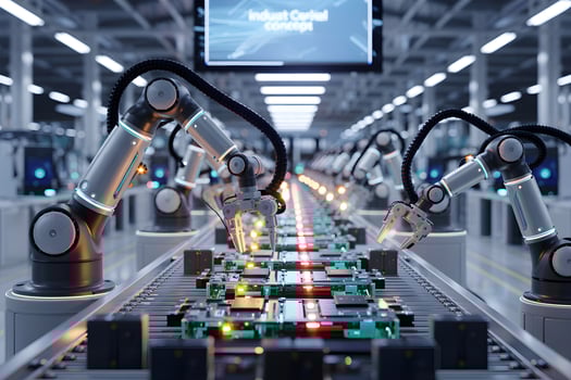 Robotic arms assembling circuit boards on production line in modern factory photo