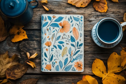Notebook with floral design, teacup and autumn leaves on rustic wooden table photo