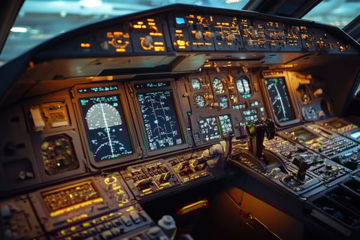 Airplane cockpit illuminated control panel with multiple screens showing flight data photo