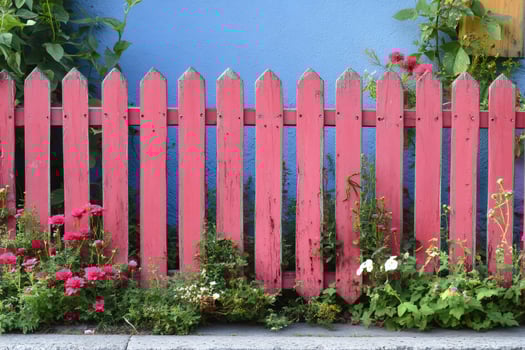 Pink picket fence with flowers growing against a blue wall photo