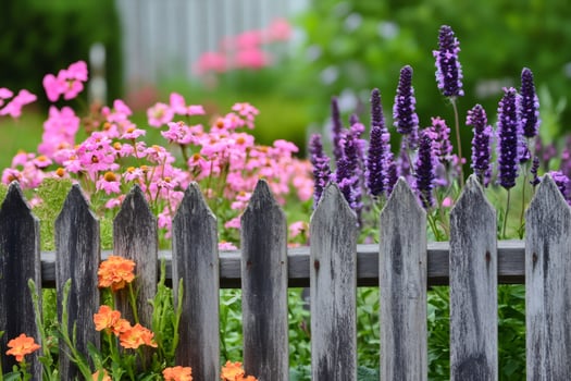 Colorful garden flowers blooming behind rustic wooden fence photo