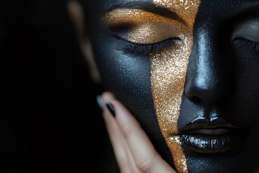 Model showing creative golden makeup with black and gold glitter photo