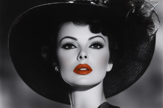 Elegant woman wearing black hat and red lipstick posing in black and white photo