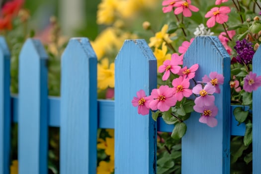 Pink and purple flowers growing through a blue picket fence photo