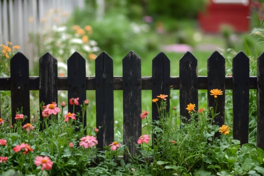 Black picket fence protecting colorful garden flowers photo
